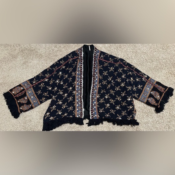 Free People Kimono Blue Studded Fringe Moroccan Boho Silver Gold Size Small P
